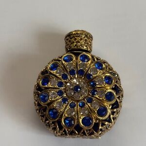 Cobalt Blue Scent Bottle with Brass Filigree & Rhinestone Flower